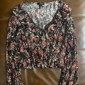 Aqua Black Floral Ruffle V-Neck Long-Sleeve Top